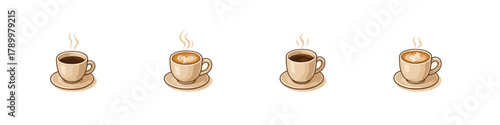 Coffee cup icon set. Hot drink vector set. Coffee cup collection with steam and latte art for cafe, menu, and beverage design.