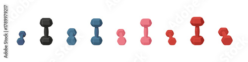 Dumbbell icon set. Fitness weight vector set. Dumbbell collection with various colors and sizes for gym, strength, and workout design.
