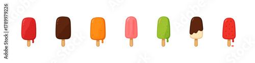 Popsicle icon set. Summer dessert vector set. Popsicle collection with fruit and chocolate ice cream for hot weather and seasonal food design.