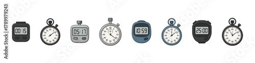 Stopwatch icon set. Time tracking vector set. Stopwatch collection with digital and analog timers for sport, countdown, and measurement design.