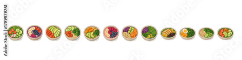 Healthy bowl icon set. Vegan food vector set. Colorful healthy bowl collection with vegetables, grains, fruits, and proteins for nutrition and meal design.