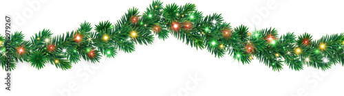 Seamless horizontal Christmas garland of lush green fir branches with colorful glowing lights. Perfect festive border for banners and winter holiday designs. Transparent background in vector file.