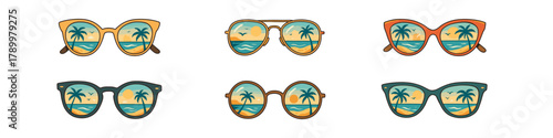 Sunglasses icon set. Summer vacation vector set. Sunglasses collection with tropical beach reflections for holiday, travel, and seasonal design.