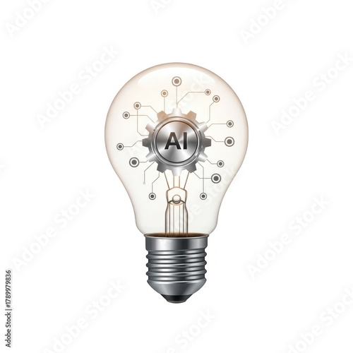 Light bulb with ai gear inside, isolated on transparent background