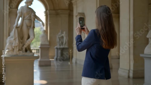A young woman in a modern suit taking photos of classical sculptures in a museum hallway with warm lighting