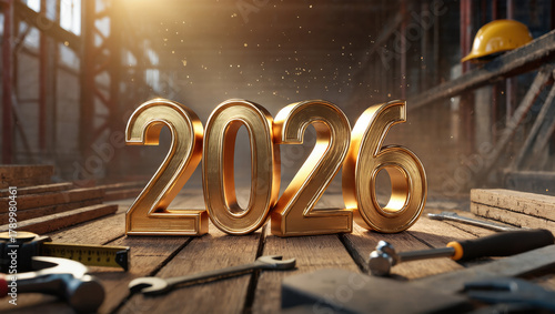 Gleaming gold 2026 numbers in industrial setting with tools
