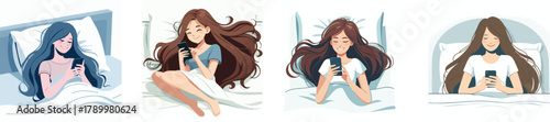 A teenage girl lying on the bed using her phone, relaxed and smiling, flat design, simple and minimalistic style, white background