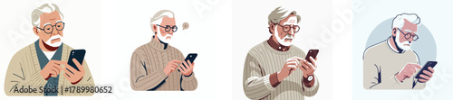 An elderly man wearing glasses using a smartphone with curiosity, flat design, simple and minimalistic style, white background