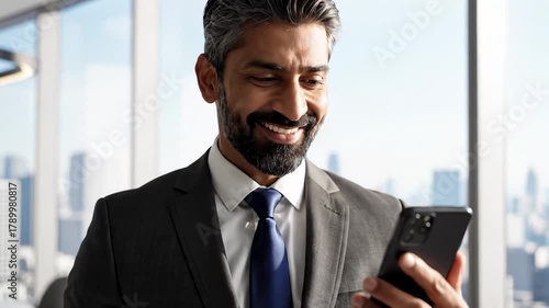 Happy Businessman Using Smartphone in Office Near Window