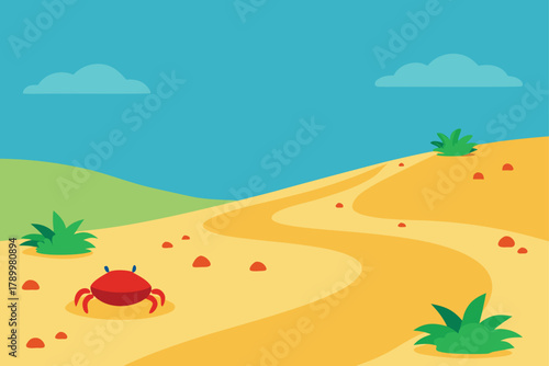 Beach landscape with sand dunes, green bushes, red crab, and winding path