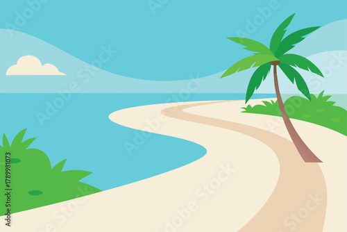 Curving sandy beach with palm tree and green bushes next to blue ocean