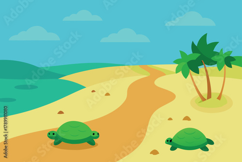 Two green sea turtles on sandy beach path near ocean with palm trees