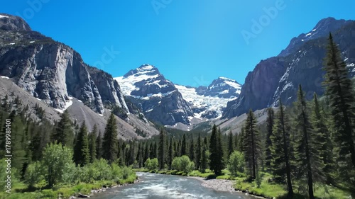 Scenic River Flowing Through Mountainous Landscape With Snow Capped Peaks