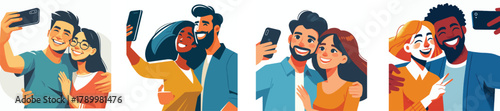 A couple taking a selfie together using a smartphone, happy expression, flat design, simple and minimalistic style, white background