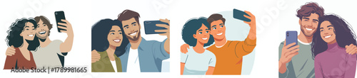 A couple taking a selfie together using a smartphone, happy expression, flat design, simple and minimalistic style, white background