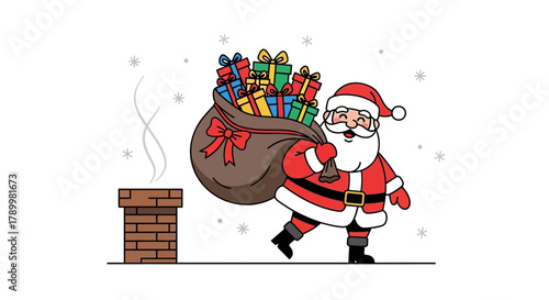 Joyful santa claus carrying a sack full of colorful christmas presents walking past a chimney with smoke on a snowy day