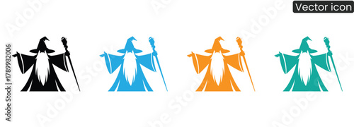 Capture the essence of fantasy and magic with this versatile wizard icon, presented in four striking color options. Ideal for storytelling and branding.