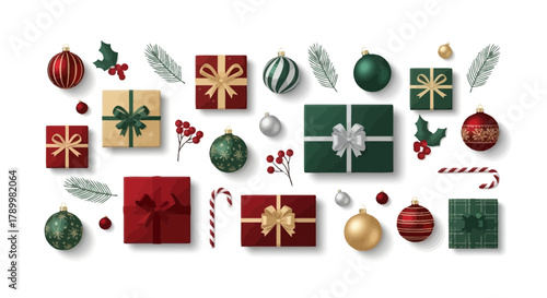 A festive collection of christmas gifts and ornaments arranged on a white background perfect for holiday celebrations