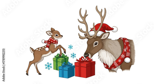 Cute cartoon reindeer and fawn wearing festive scarves and santa hat surrounded by colorful christmas presents and snowflakes