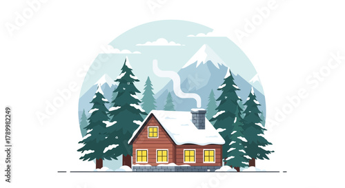 Cozy wooden cabin nestled amongst snow covered pine trees with smoke rising from the chimney against a backdrop of majestic mountains