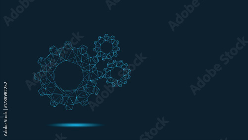 Abstract Technology Concept With Three Interconnected Polygonal Gears Forming A Digital Network System Blue Wireframe On A Dark Background Symbolizing Mechanical Engineering And Data Process