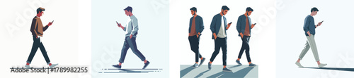 A man walking while looking at his smartphone, casual outfit, flat design, minimal and clean style, white background