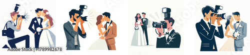 A wedding photographer capturing a couple’s moment, holding a camera with flash, flat design, minimal and clean composition, white background