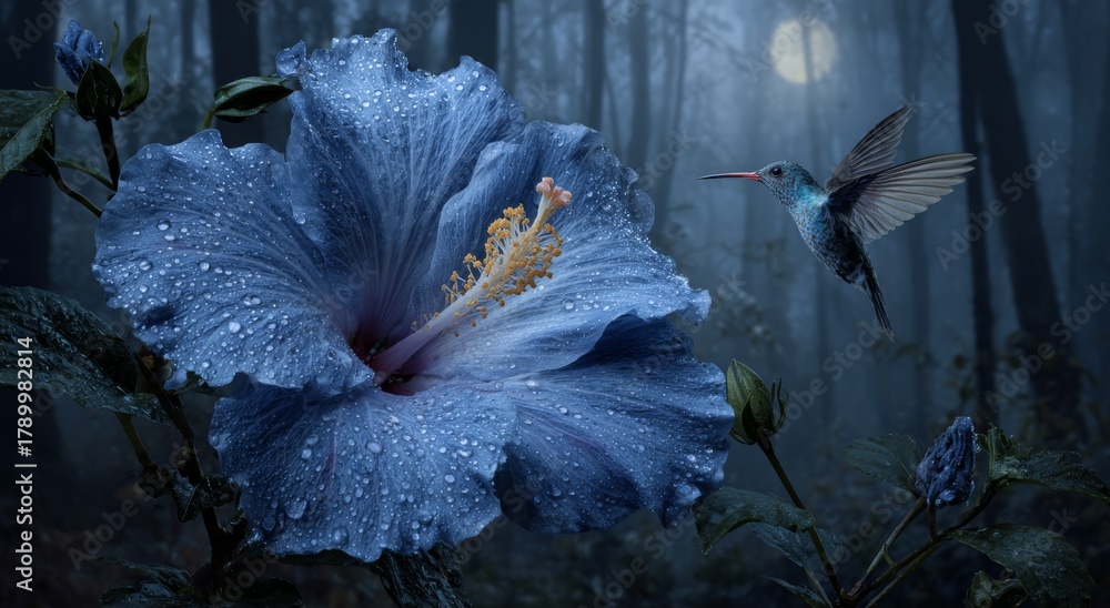 Fototapeta premium Floral Serenity: An ethereal scene unfolds as a vibrant blue hibiscus flower, adorned with glistening droplets, beckons a delicate hummingbird amidst a misty forest.