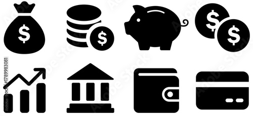 Finance and banking icons set with wallet, piggy bank, credit card, money bag, coins, and money, budget. Finance icon set. Money symbol pack. 