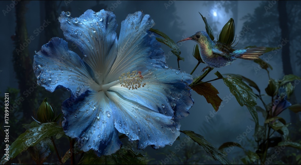 Obraz premium Enchanted Floral Embrace: A hummingbird, a vivid flash of color, delicately hovers near a large, blue flower adorned with droplets, creating a scene of nature's beauty and wonder.