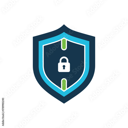 Modern flat design icon of a protective shield with a lock, symbolizing cybersecurity, data protection, and online safety