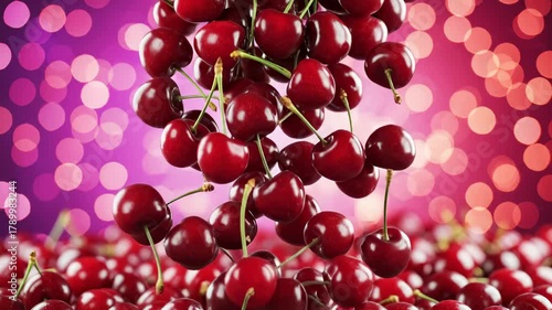 Fresh Cherries Falling Down on Pile Against Bokeh Lights Background
