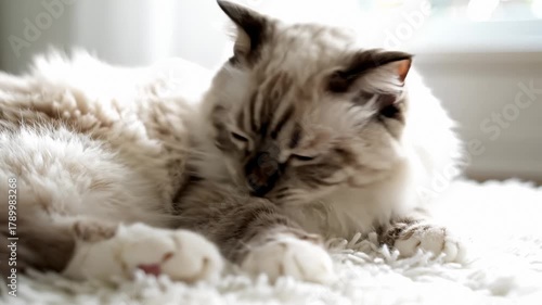 Ragdoll Cat Lying on a White Fluffy Rug Grooming