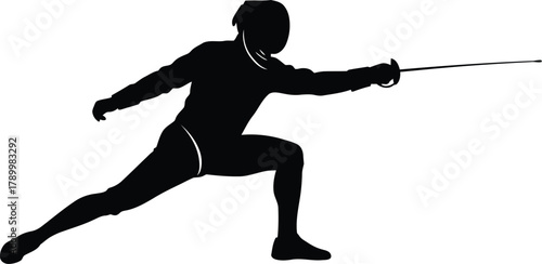 Fencer lunging forward with a sword silhouette