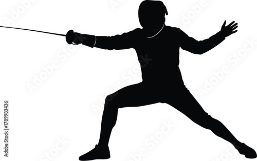 Fencer lunging forward with a sword silhouette