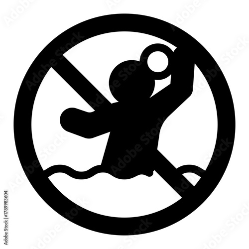 Man with ball in water ban solid icon, water polo concept. Vector graphics. Player forbidden, prohibited item sign on white background, style icon mobile or web design.