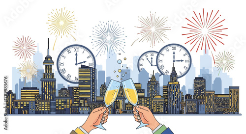 Hands clinking champagne glasses in front of a city skyline with clocks and fireworks celebrating a new year