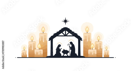 Nativity scene silhouette with mary joseph and baby jesus surrounded by glowing candles and a star above the stable