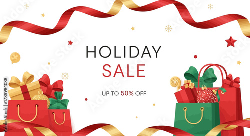 Festive holiday sale announcement with up to 50 percent off discount and gift bags