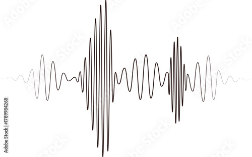 Black sound wave pulse line illustration showing abstract audio frequency vibration design on white background, symbolizing voice, rhythm, and digital music signal pattern.