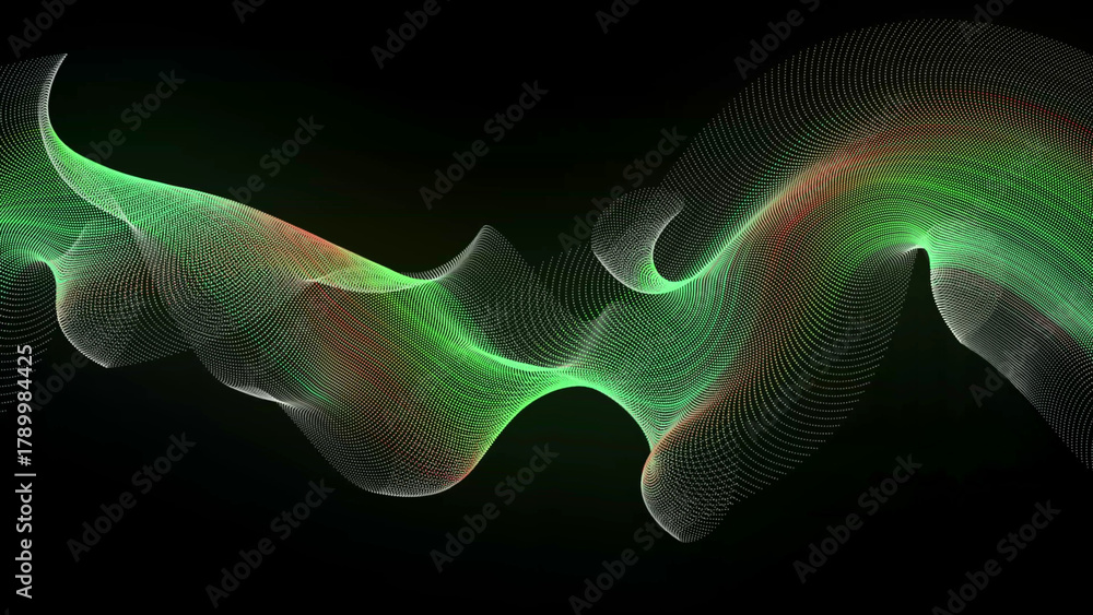 Obraz premium Abstract Swirling Wave of Green and Red Dots on Black Background Keywords: abstract, wave, swirl, dots, particles, flowing, motion, energy, light, digital art, futuristic, science, technology