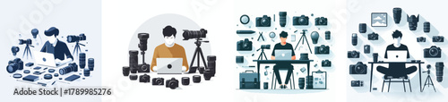 A photographer editing photos on a laptop, surrounded by camera gear, flat design, simple and minimalistic style, white background