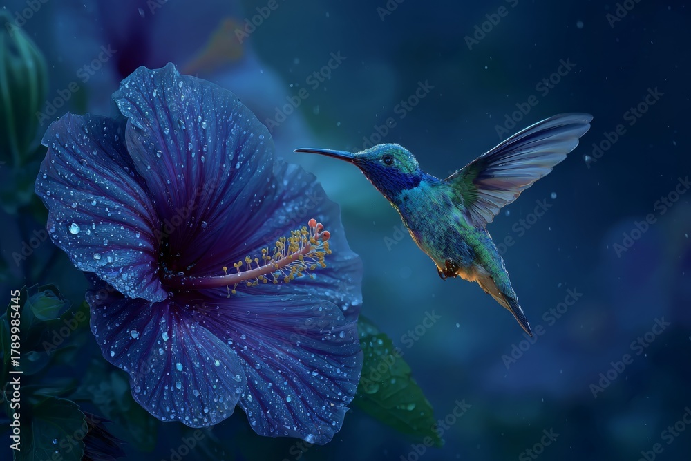 Obraz premium Hummingbird's Nectar Oasis: A tiny hummingbird hovers gracefully near a vibrant, dewy hibiscus flower, its long beak poised to sip nectar, capturing a moment of natural beauty and symbiosis.