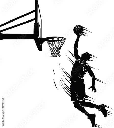 Basketball player silhouette performing a mid-air dunk