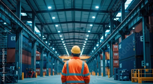 Worker in safety gear stands under a massive yellow overhead crane surrounded by towering stacks of shipping containers inside a modern logistics warehouse facility
