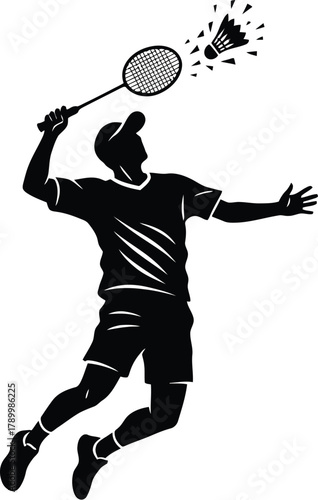 Badminton player hitting a shuttlecock silhouette vector