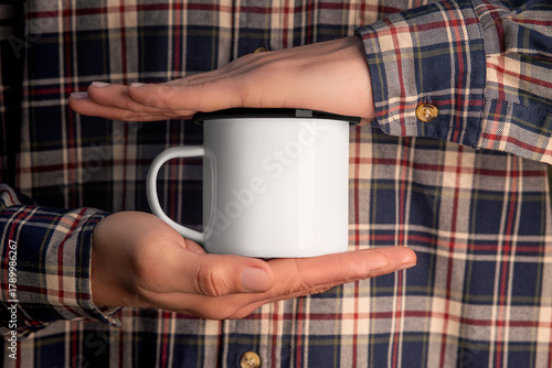 Mockup of a white metal mug with a black rim in the hands of a man in a flannel shirt, enameled dishes.