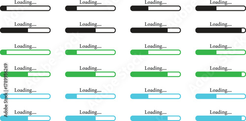 Loading Icon set. loading bar, Download progress icon. Collection Loading status. Vector illustration. Uploading and downloading updating sign symbol.Collection loading status bar in different design.