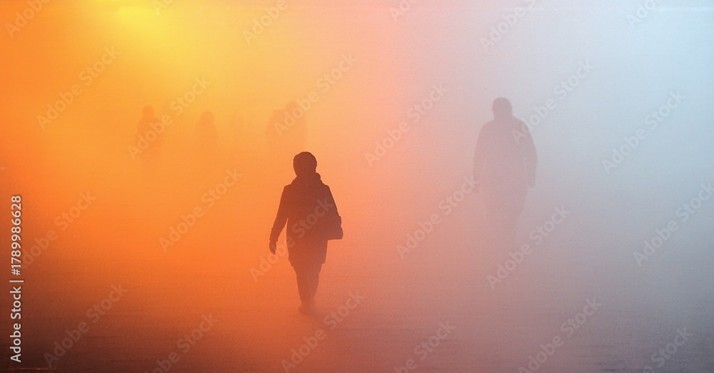 Fototapeta premium Silhouettes walk toward viewer. Orange, pink hues dominate foggy landscape. Mysterious, ethereal mood pervades scene.