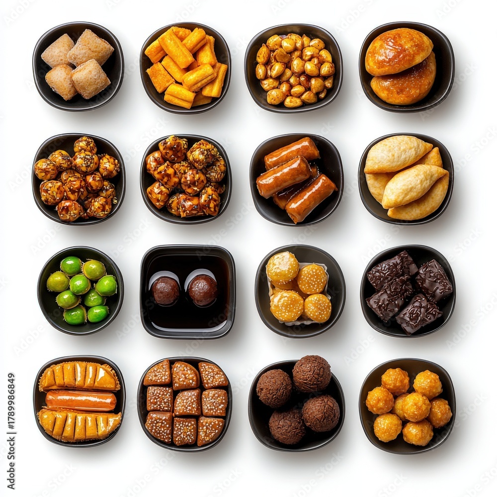 Obraz premium Assorted variety of healthy and induent snacks including nuts, chocolates, dried fruits, and candies arranged in black bowls on a white background